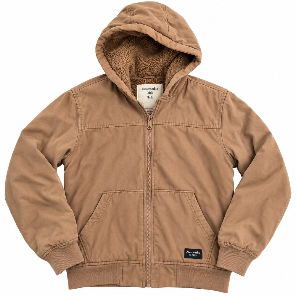 Abercrombie Kids Sherpa Lined Hooded Jacket 15/16 Tan Brown Full Zip Coat